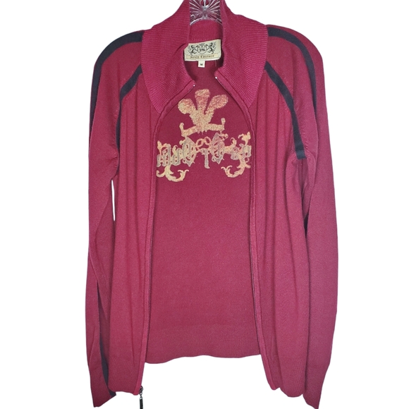 Juicy Couture Cashmere Zip Up Sweater Cardigan Size Medium Burgundy Red *FLAWS* - Picture 2 of 12